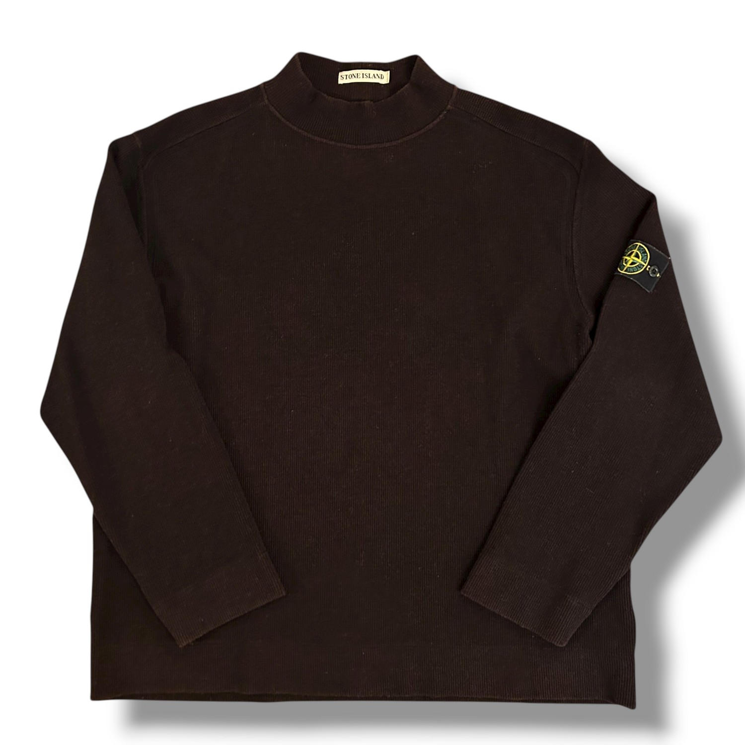 Stone Island 1999 Brown Ribbed Wool Vintage Pullover Mock Neck Jumper - XL