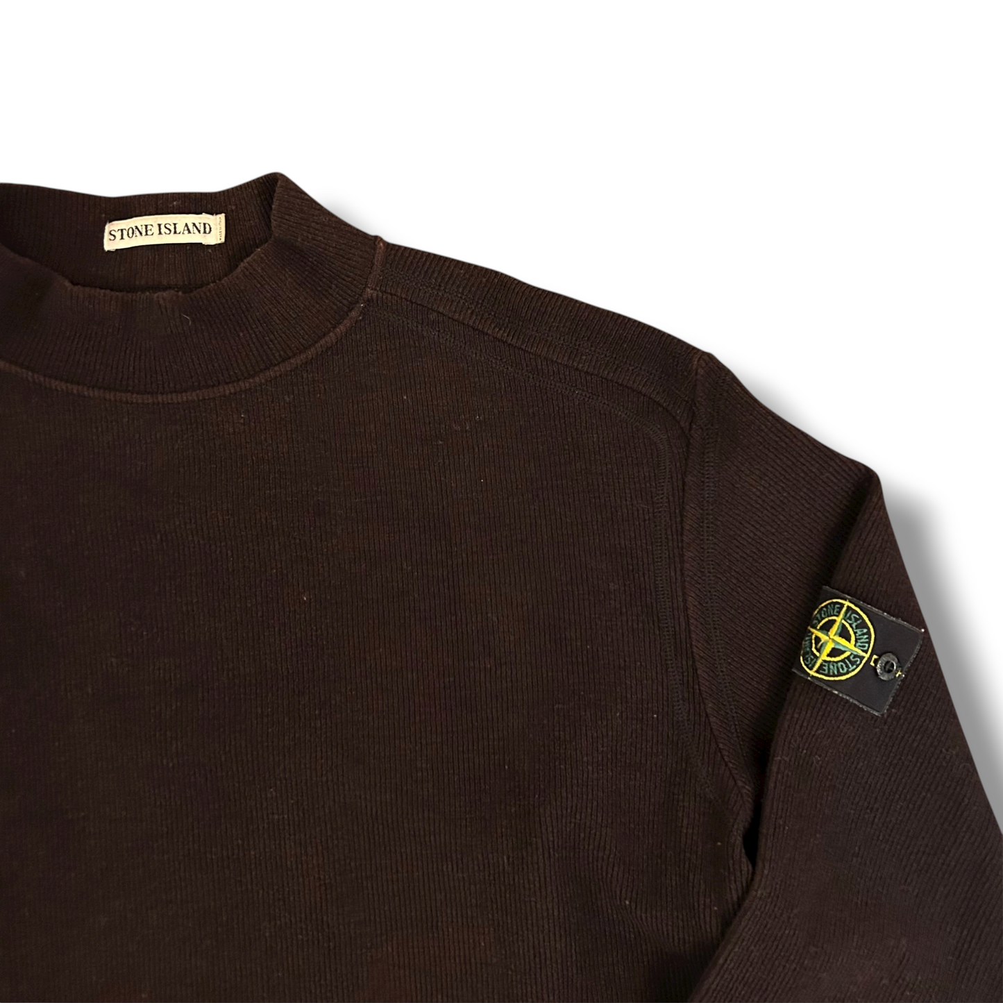 Stone Island 1999 Brown Ribbed Wool Vintage Pullover Mock Neck Jumper - XL